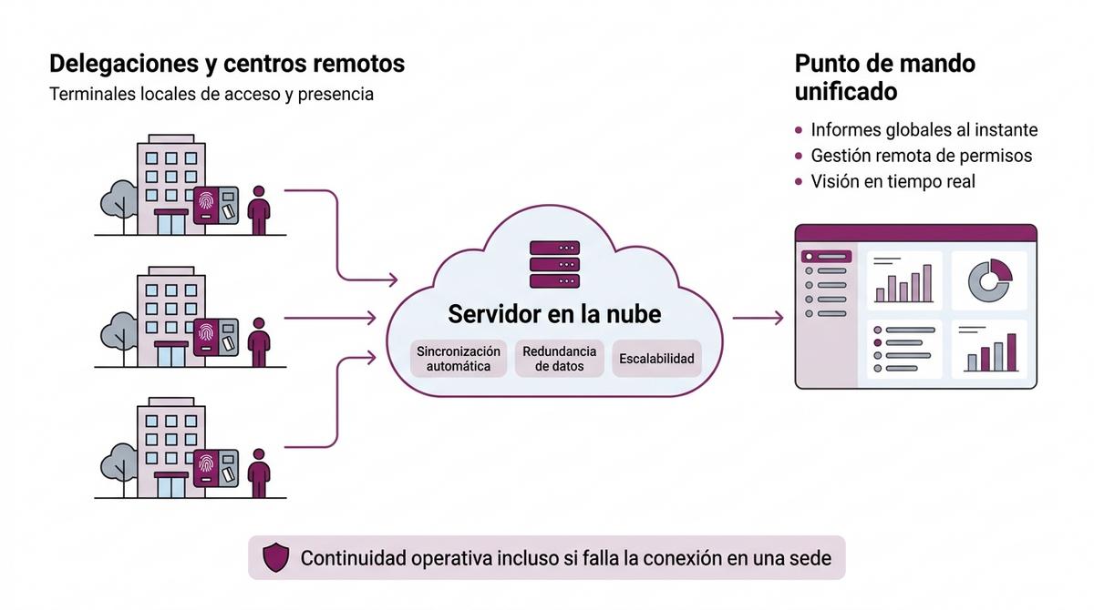 Diagrama de arquitectura cloud que muestra delegaciones conectadas a un servidor en la nube y a un panel de control unificado.