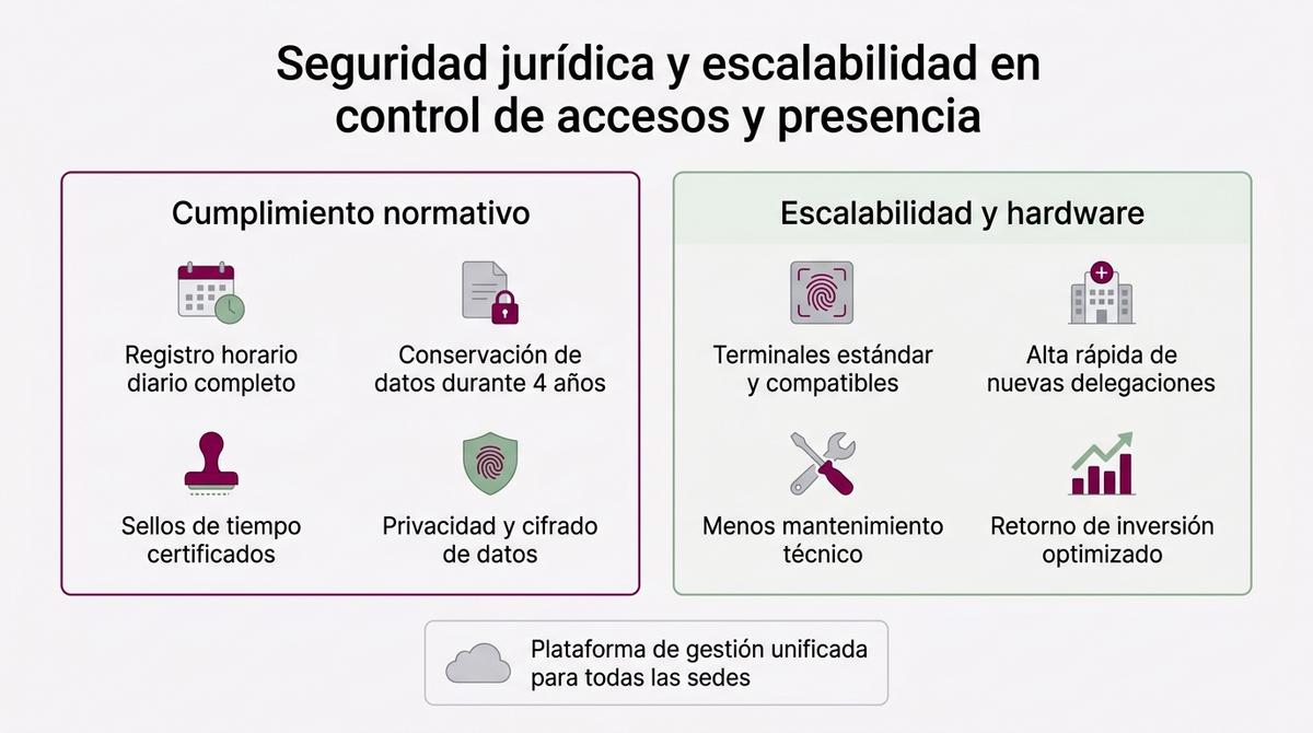Diagrama que muestra los pilares de cumplimiento normativo y escalabilidad en sistemas de control de accesos y presencia.