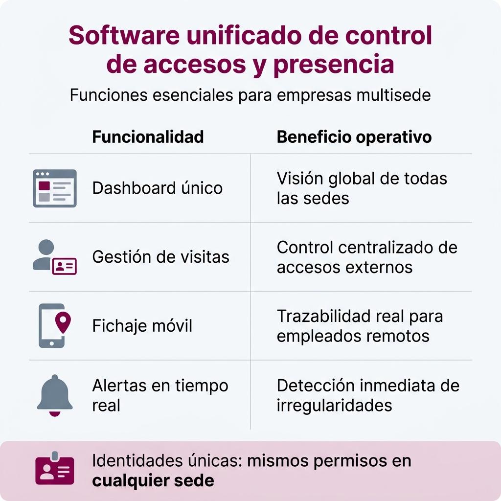 Infografía comparativa de funcionalidades y beneficios de un software unificado de control de accesos y presencia.