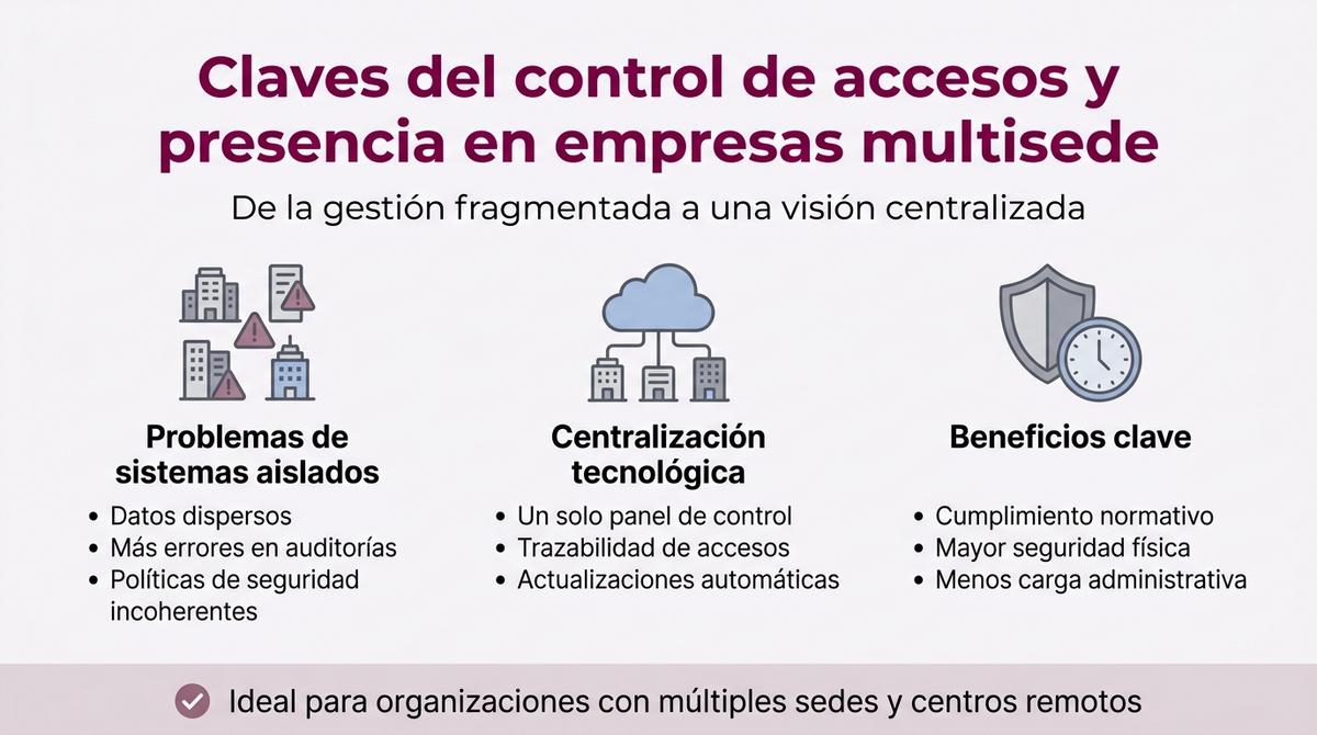 Infografía que resume problemas de sistemas aislados y beneficios de centralizar el control de accesos y presencia en empresas con varias sedes.