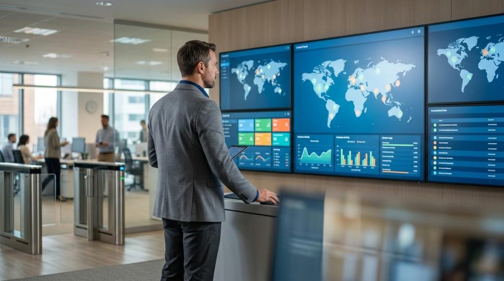 Responsable De Seguridad Supervisando En Una Oficina Un Panel De Control Centralizado De Accesos Y Presencia Para Varias Sedes De Empresa