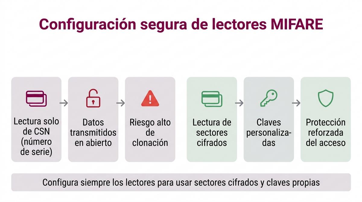 Diagrama de flujo que compara la configuración de lectores por CSN frente a la lectura de sectores cifrados en tarjetas MIFARE