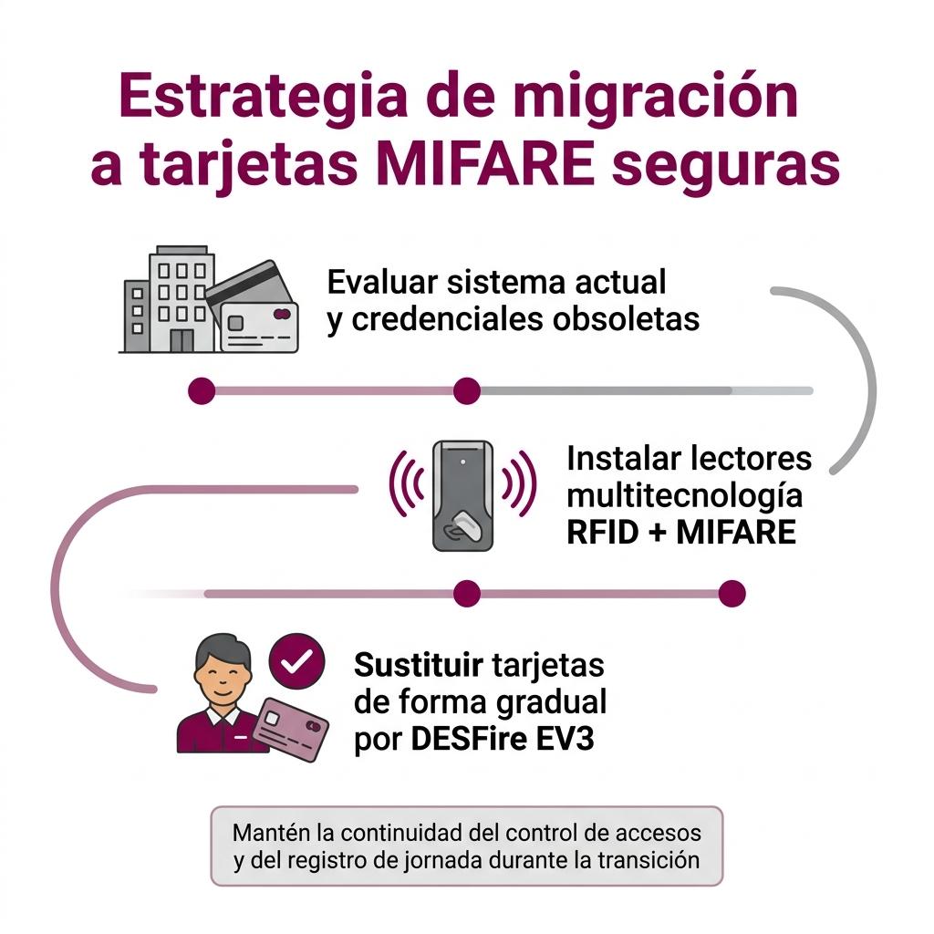 Diagrama tipo roadmap que muestra los pasos para migrar de tarjetas de proximidad antiguas a tarjetas MIFARE seguras con lectores multitecnología