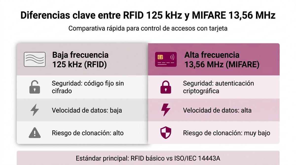 Infografía comparativa de las diferencias clave entre RFID de baja frecuencia 125 kHz y MIFARE de alta frecuencia 13,56 MHz