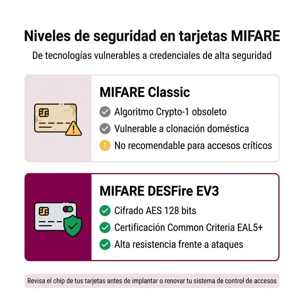 Infografía que resume los niveles de seguridad de las tarjetas MIFARE Classic y MIFARE DESFire EV3