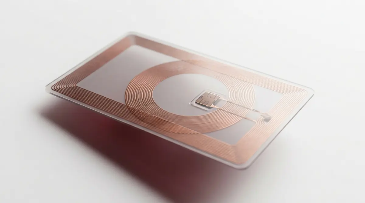 Fotografía de detalle de una tarjeta de proximidad RFID de PVC que muestra un circuito interno translúcido sobre un fondo minimalista.