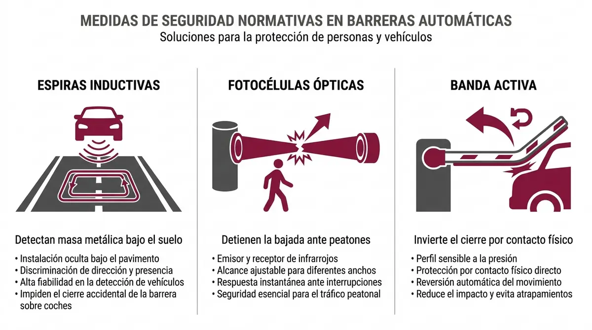 Diagrama técnico de sistemas de seguridad activa para barreras de parking según normativa UNE-EN 12453.