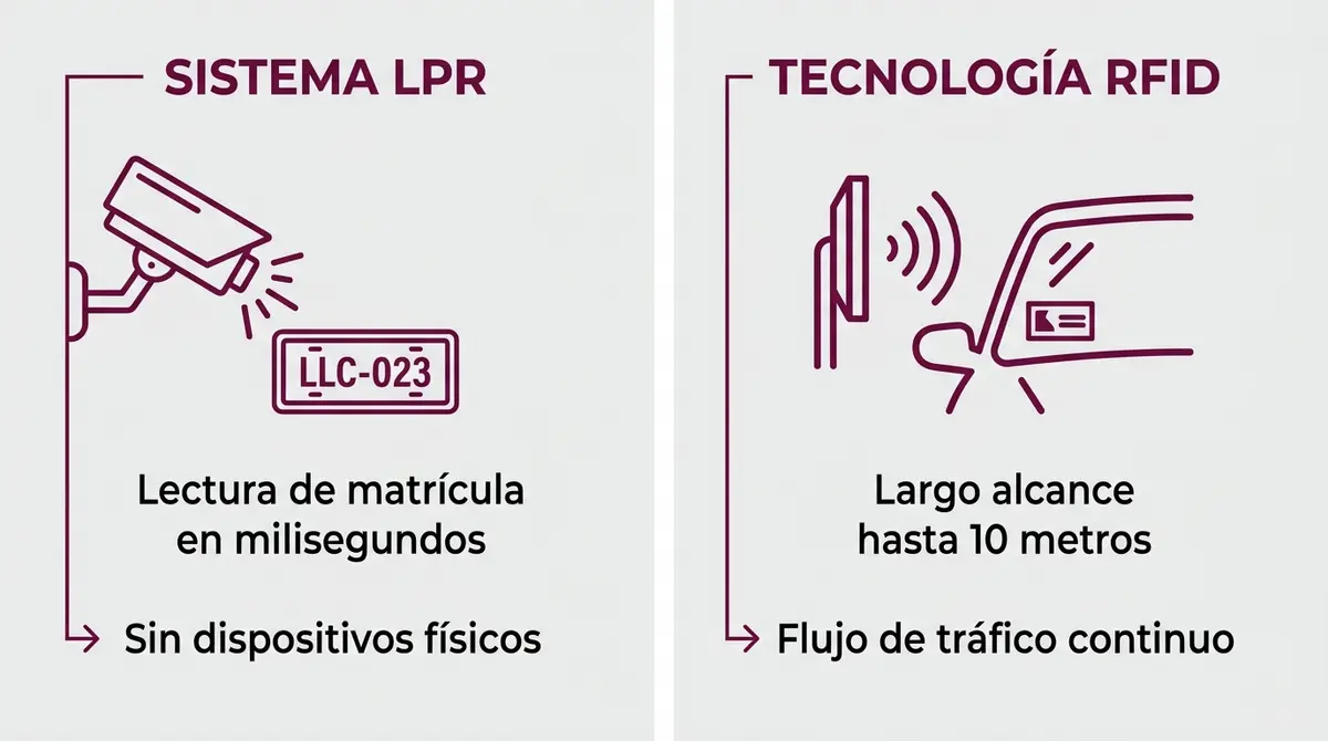Infografía comparativa de tecnologías de acceso vehicular LPR y RFID UHF.