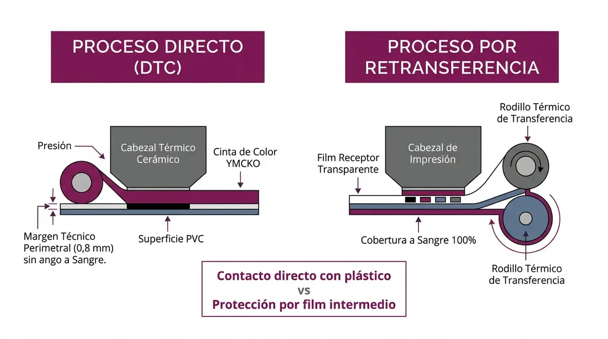 Esquema técnico del mecanismo de impresión directa frente a la retransferencia térmica en tarjetas plásticas